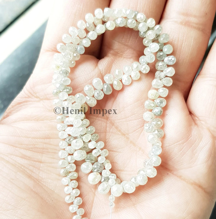 50.00 ct 2.20 to 4.30 MM Size Natural White Gray Color Briolette Drops Loose Diamonds Beads Strand Necklace
