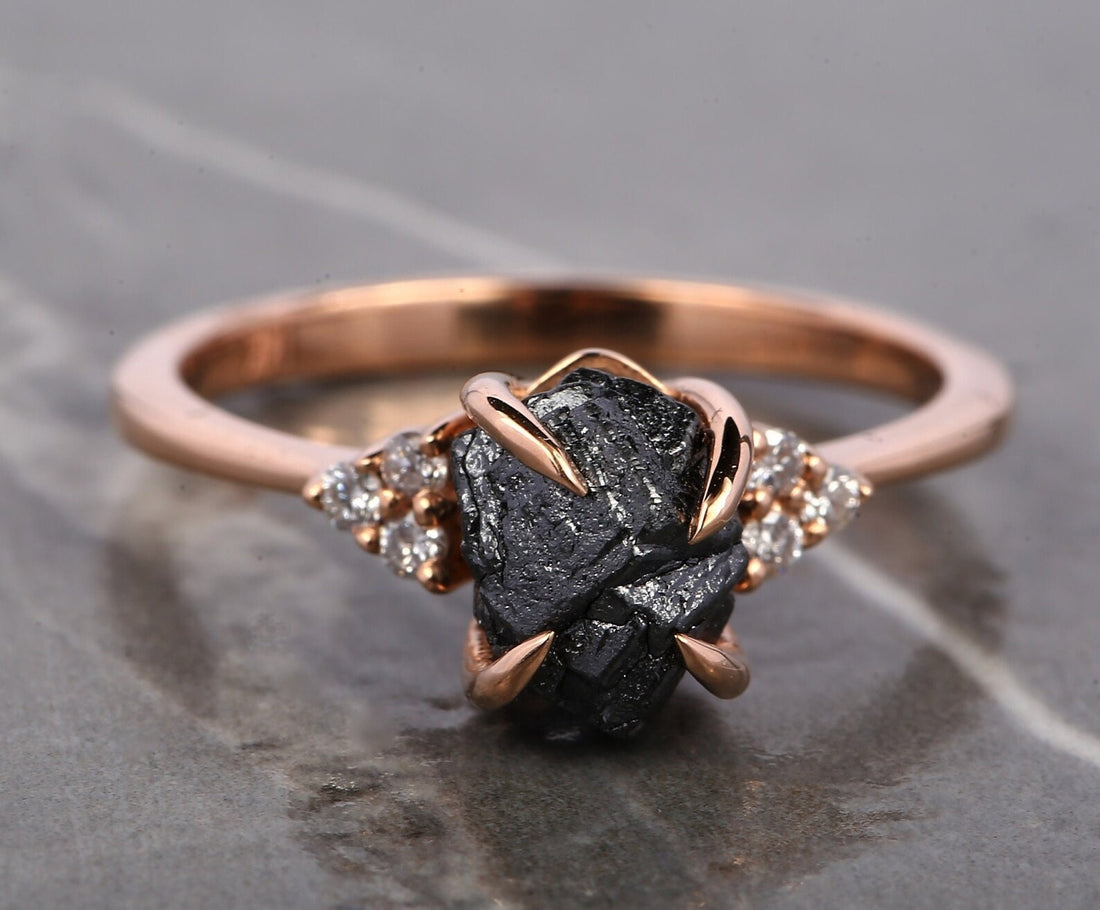 Raw Diamond Ring, 14K Gold Anniversary Ring, Natural Black Rough Diamond Engagement Ring, Christmas Gift for Her