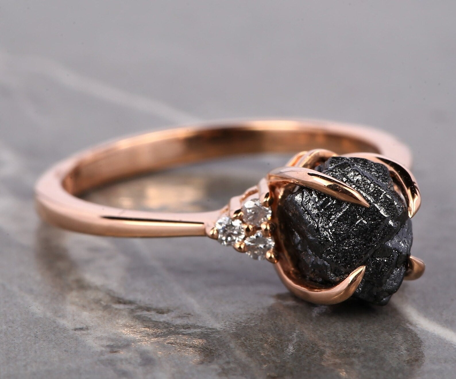 Raw Diamond Ring, 14K Gold Anniversary Ring, Natural Black Rough Diamond Engagement Ring, Christmas Gift for Her