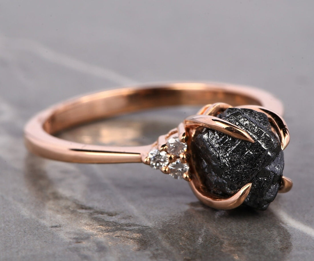 Raw Diamond Ring, 14K Gold Anniversary Ring, Natural Black Rough Diamond Engagement Ring, Christmas Gift for Her
