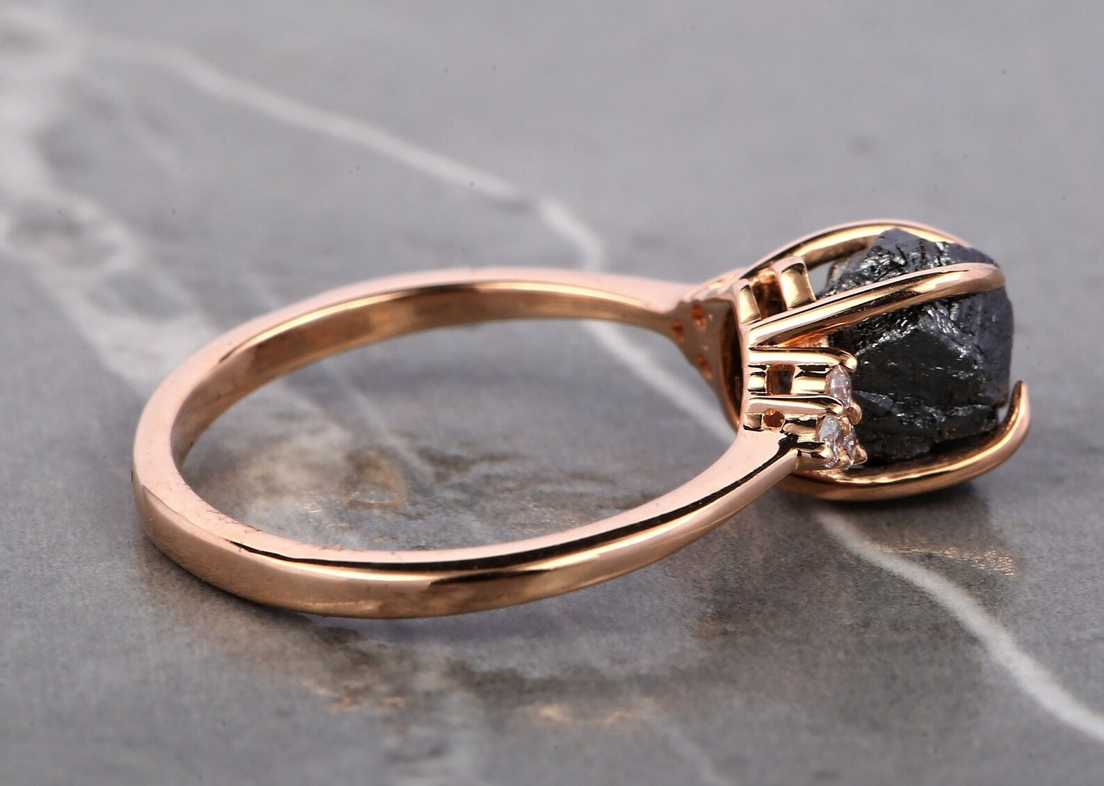 Raw Diamond Ring, 14K Gold Anniversary Ring, Natural Black Rough Diamond Engagement Ring, Christmas Gift for Her