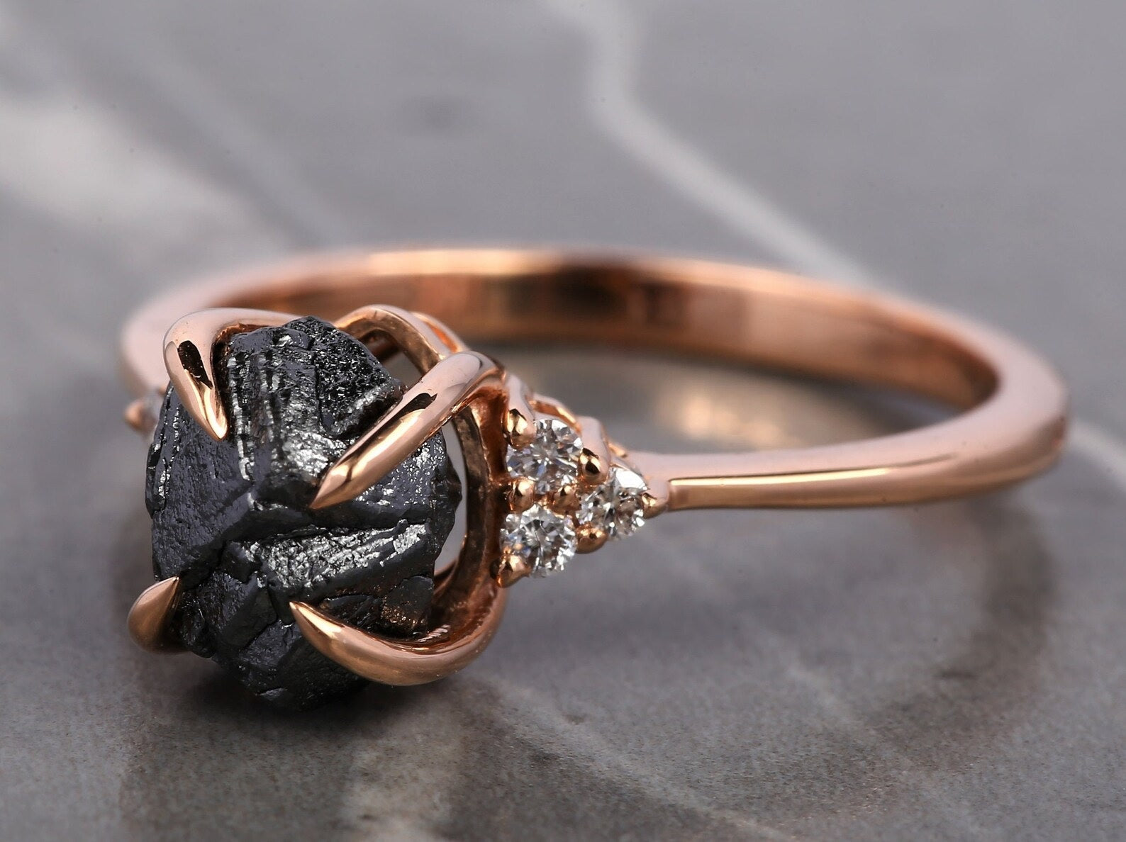 Raw Diamond Ring, 14K Gold Anniversary Ring, Natural Black Rough Diamond Engagement Ring, Christmas Gift for Her