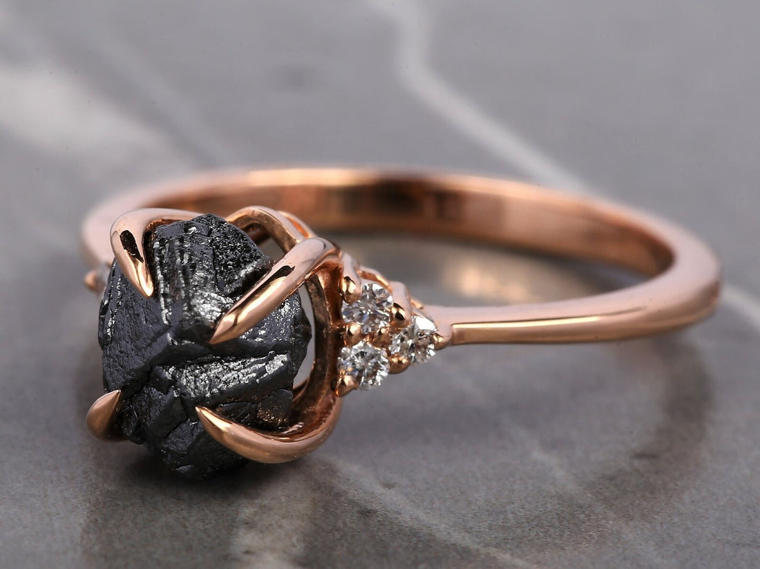 Raw Diamond Ring, 14K Gold Anniversary Ring, Natural Black Rough Diamond Engagement Ring, Christmas Gift for Her