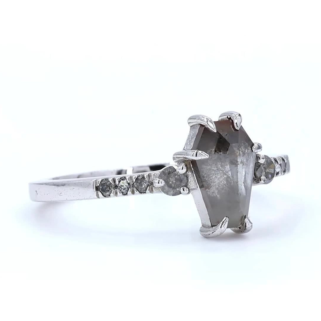 Salt and Pepper Diamond Ring, Natural Coffin Gray Diamond Engagement Ring, 14k Solid Gold Wedding Ring
