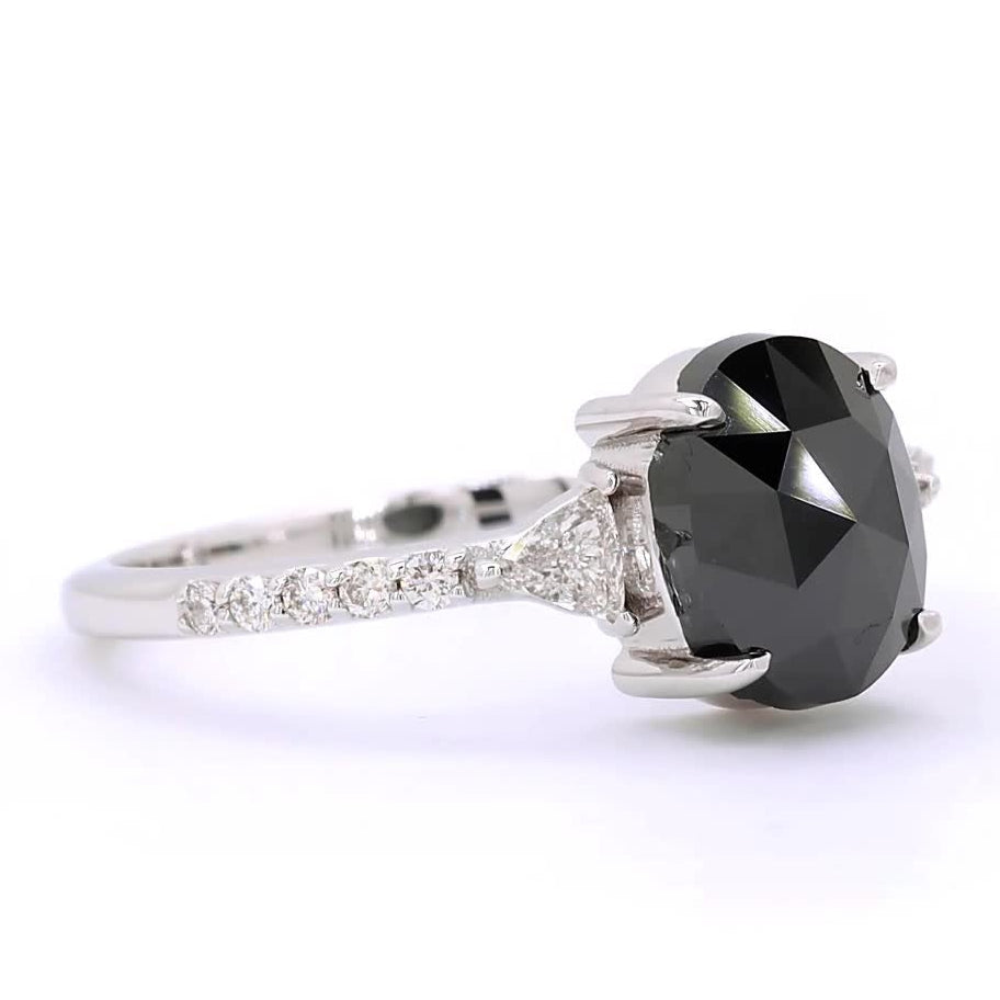 Black Diamond Ring, 14K Gold Engagement Ring, Natural Oval Triangle Diamond Ring, Gift for Her