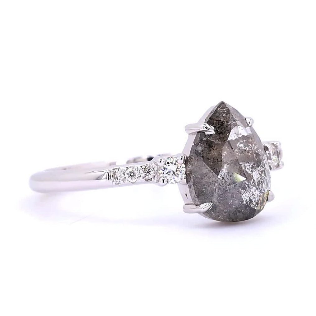 Salt and Pepper Diamond Ring, 14K Gold Engagement Ring, Natural Pear Gray Diamond Wedding Ring