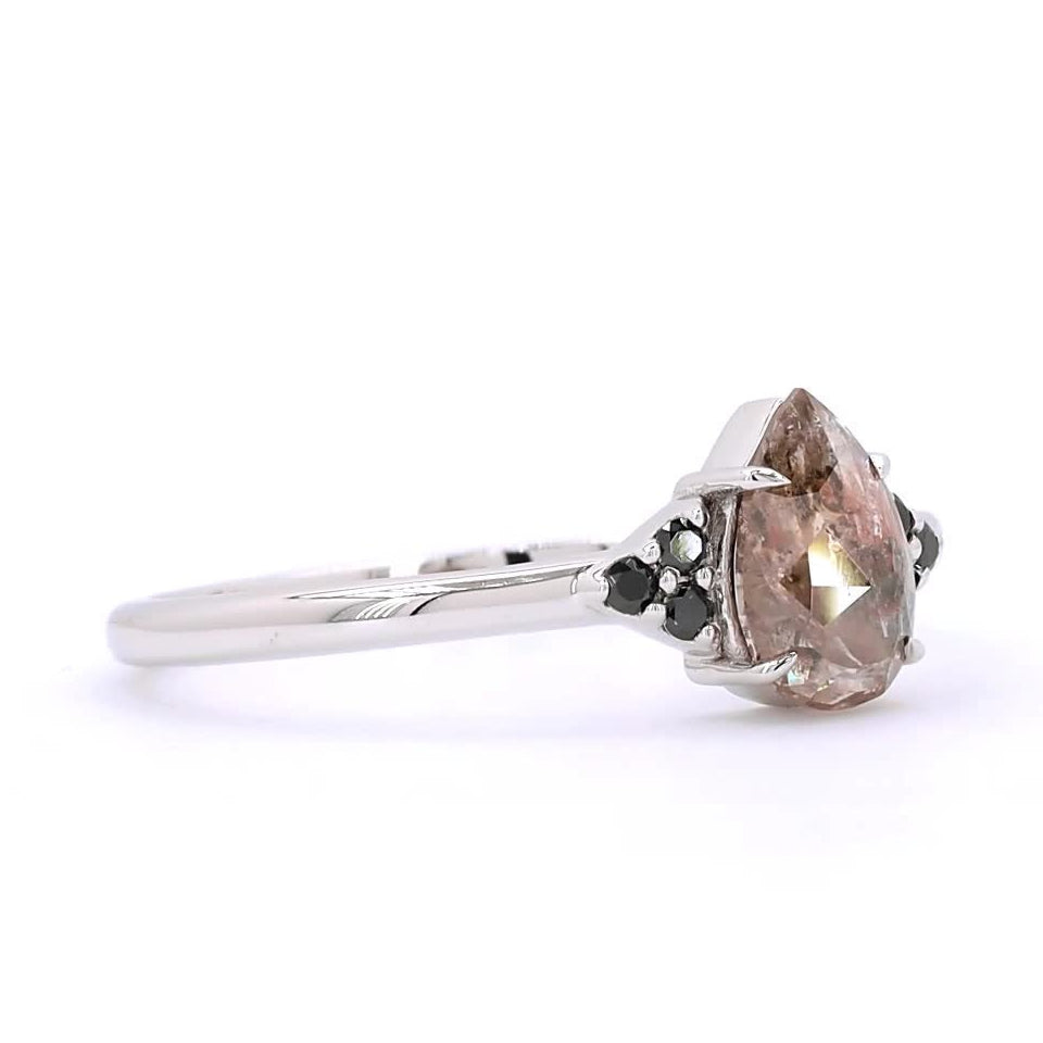 Salt and Pepper Diamond Ring, 14K Gold Engagement Ring, Natural Pear Brown Diamond Wedding Ring