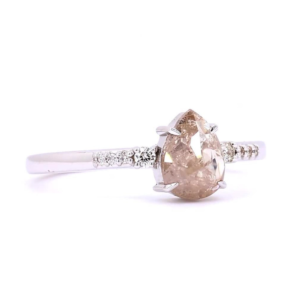 Salt and Pepper Diamond Ring, 14K Gold Engagement Ring, Natural Pear Brown Diamond Ring, Valentine Gift for Her