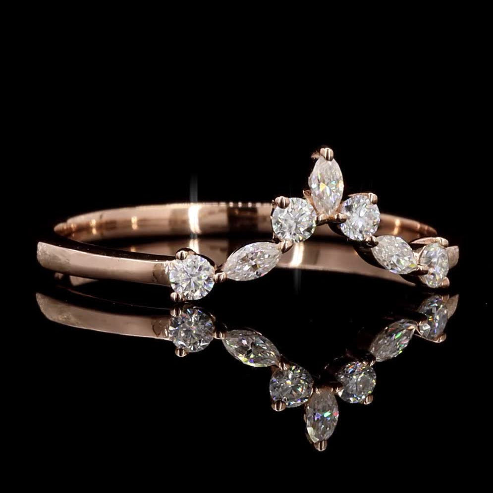 14k Gold Natural White Diamond Ring Band, Round Marquise Diamond Dainty Ring, Unique Handmade Vintage Gold Jewelry, Eternity Cluster Ring, Gift for Her