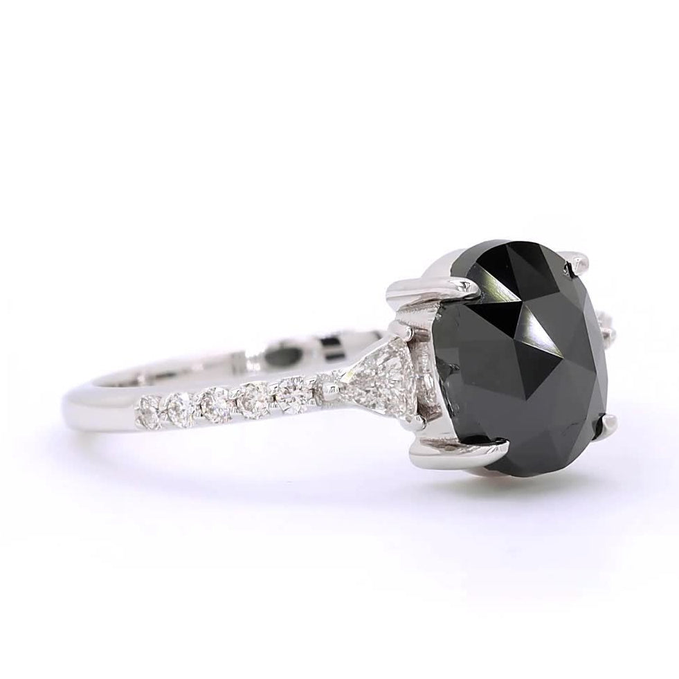 Black Diamond Ring, 14K Gold Engagement Ring, Natural Oval Triangle Diamond Ring, Gift for Her