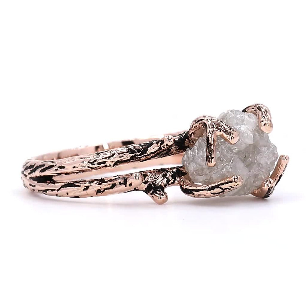 Snow White Raw Diamond Ring, 14K Gold Engagement Ring, Natural Rough Diamond Twing Ring, Handmade Gift for Her