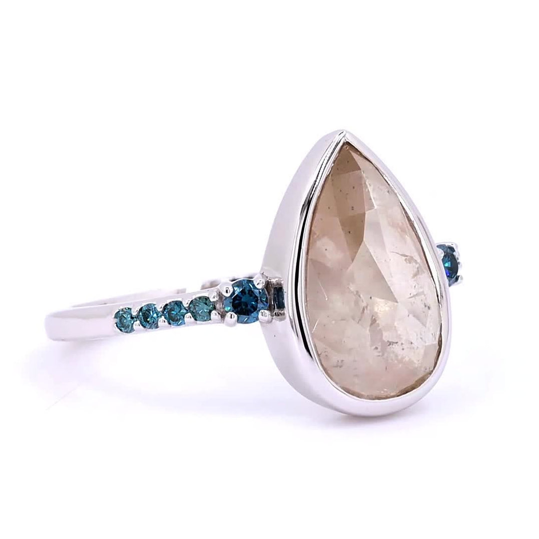 Salt and Pepper Diamond Ring, 14k Gold Pear Engagement Ring, Natural Round Blue Diamond Ring, Gift for Her
