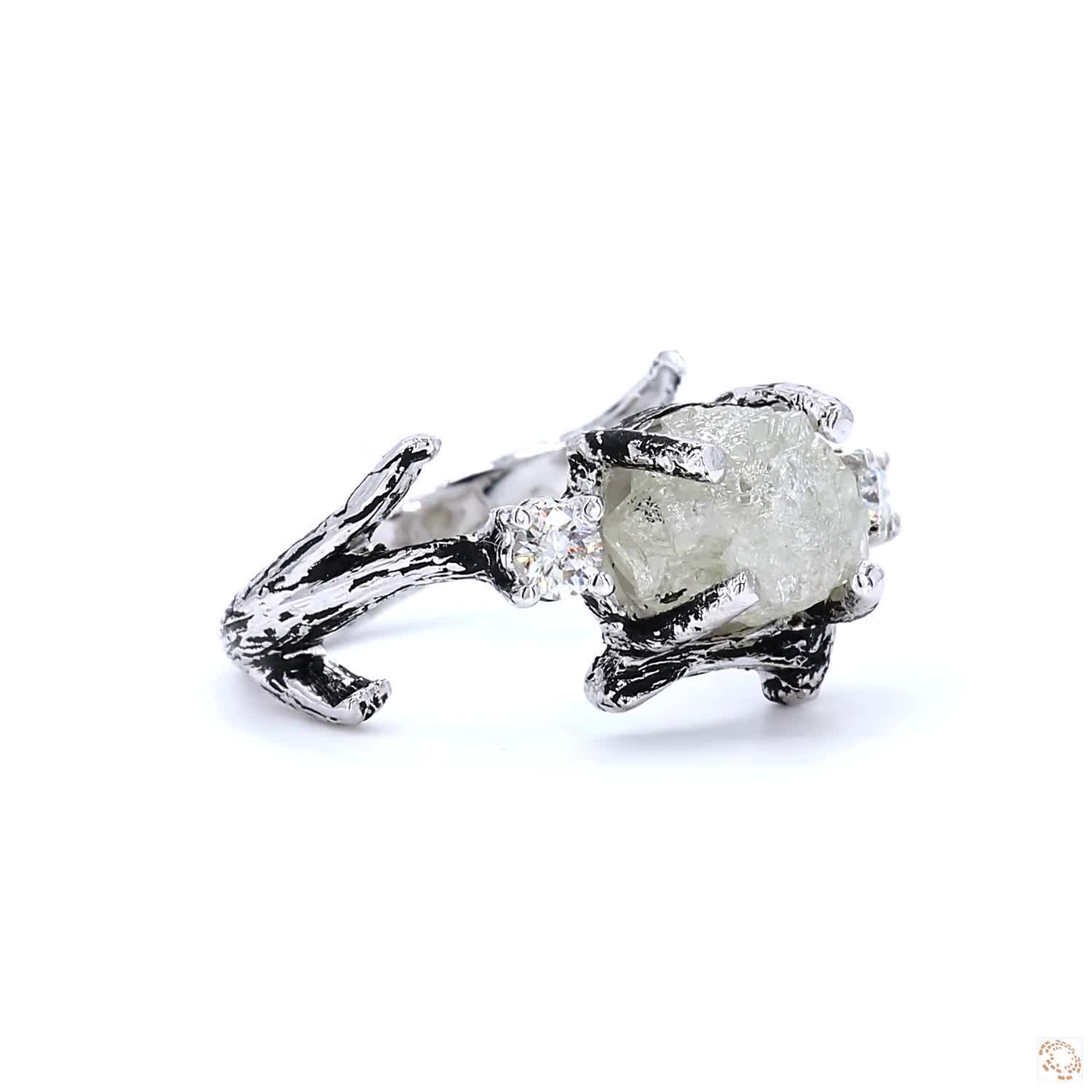 Snow White Raw Diamond Ring 14K Gold Engagement Ring, Natural Rough Twing Diamond Ring, Handmade Gift for Her