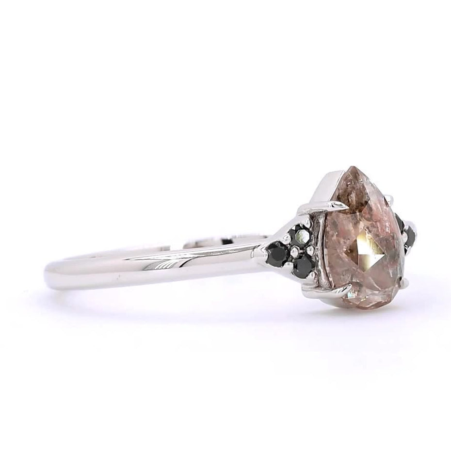 Salt and Pepper Diamond Ring, 14K Gold Engagement Ring, Natural Pear Brown Diamond Wedding Ring