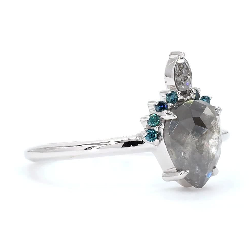Salt and Pepper Diamond Ring, 14K Gold Blue Engagement Ring, Natural Pear Gray Diamond Wedding Ring