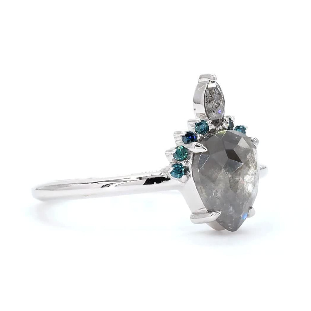 Salt and Pepper Diamond Ring, 14K Gold Blue Engagement Ring, Natural Pear Gray Diamond Wedding Ring
