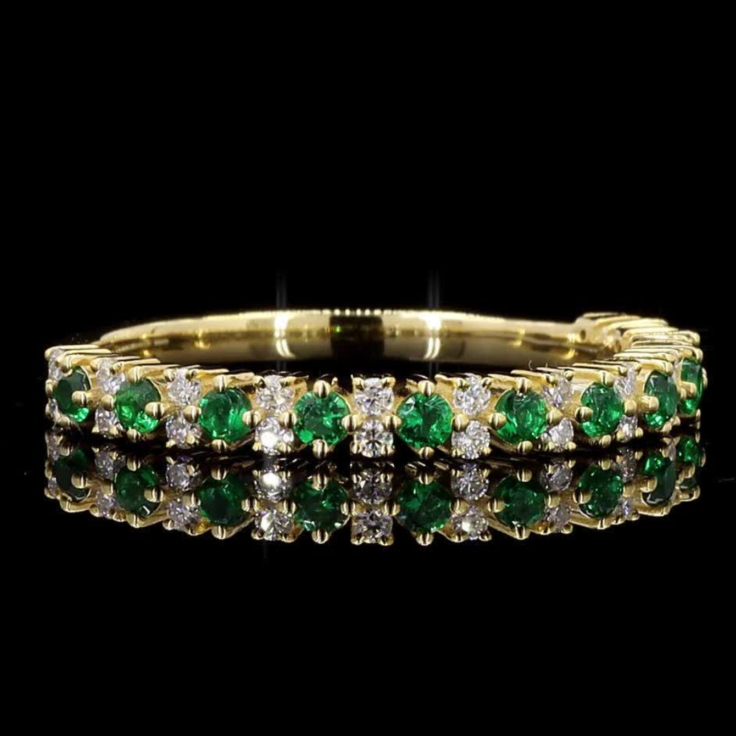 14k Gold Natural Green White Round Diamond Ring, Raw Diamond Dainty Ring, Vintage Gold Jewelry Eternity Cluster Ring, Gift for Her