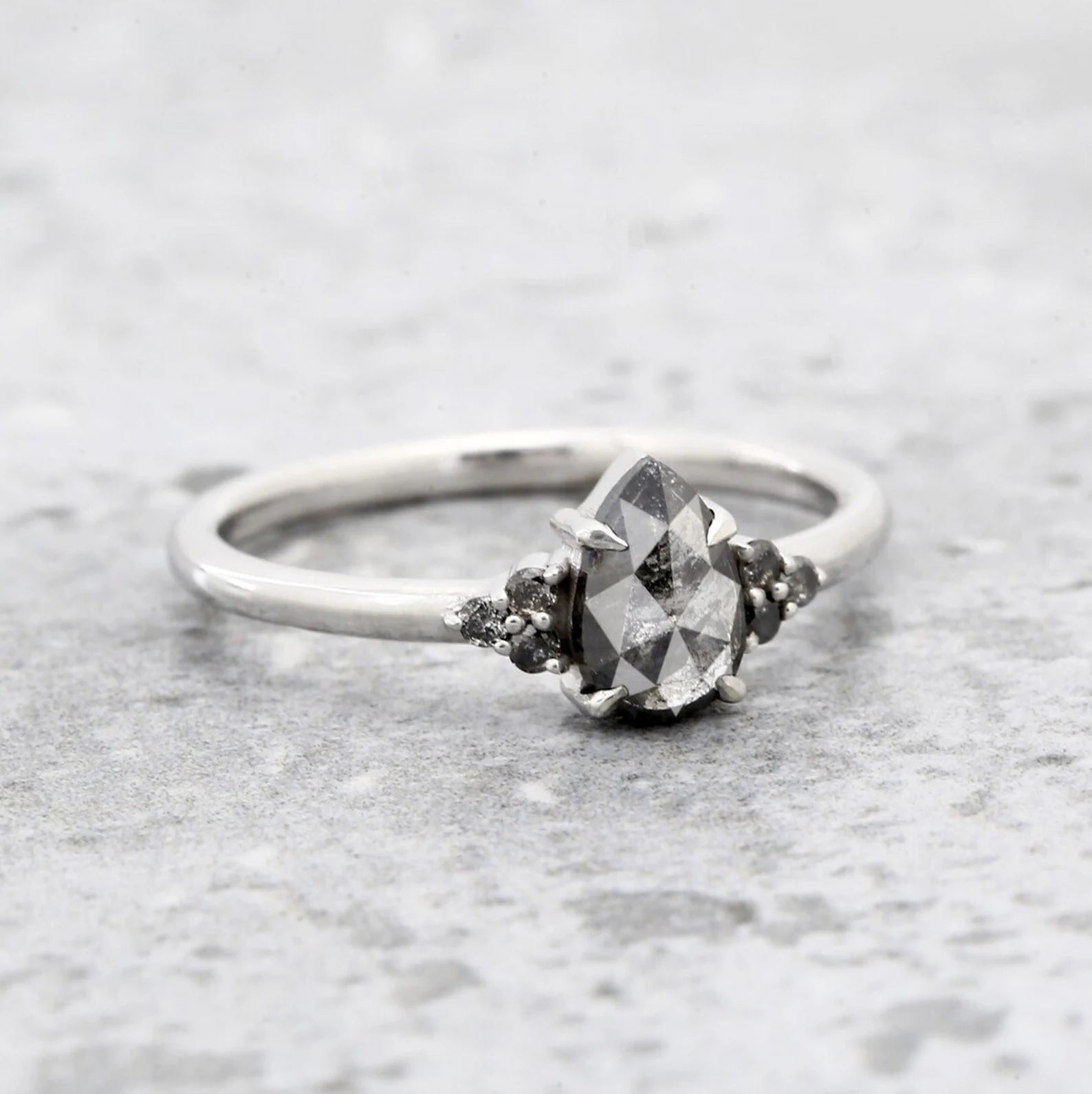 Salt and Pepper Diamond Ring, 14K Gold Engagement Ring, Natural Pear Gray Diamond Ring, Gift for Her