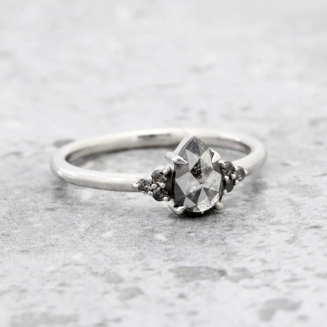 Salt and Pepper Diamond Ring, 14K Gold Engagement Ring, Natural Pear Gray Diamond Ring, Gift for Her