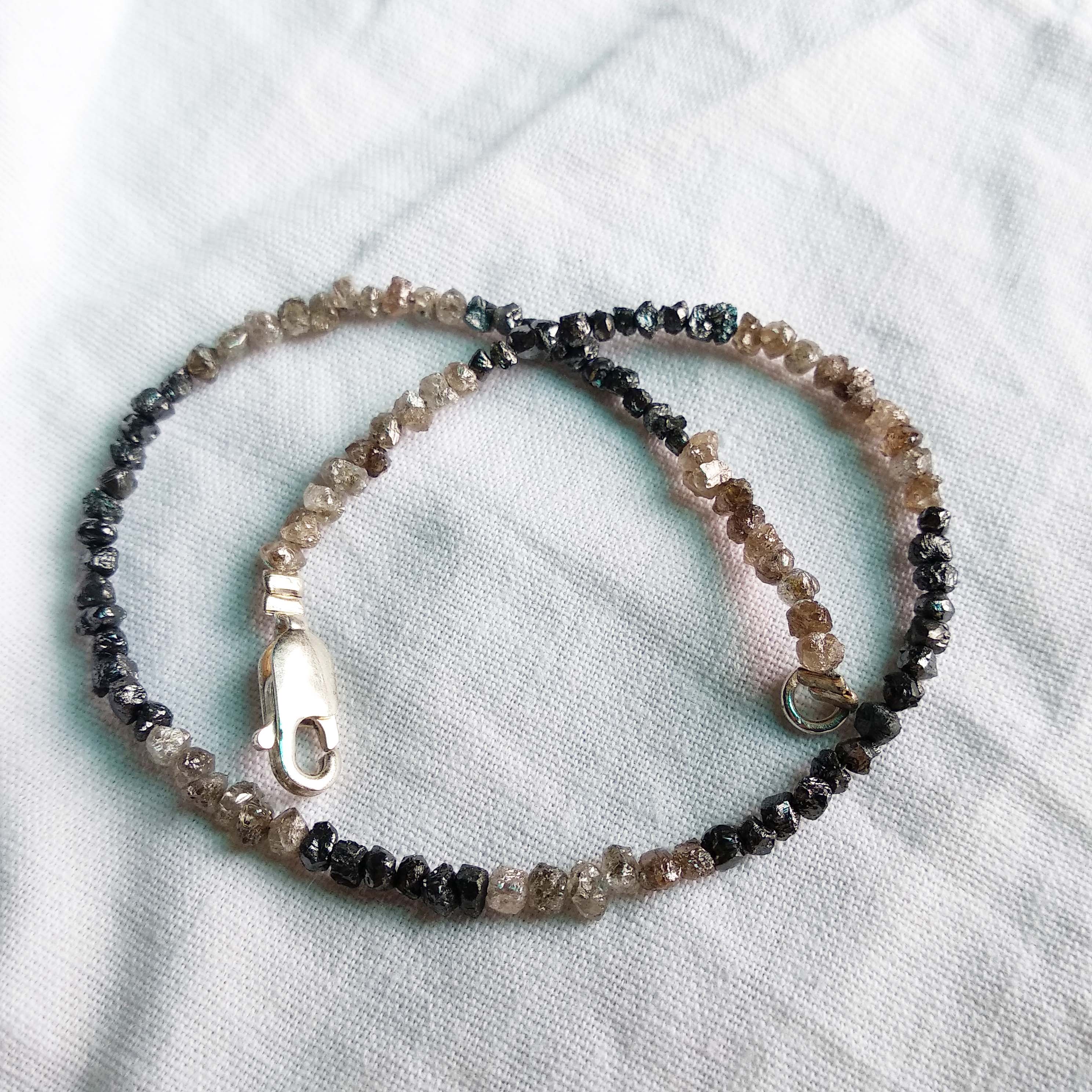 8.00 Cts 1.75 to 2.50 MM Natural Brown & Black Raw Rough Diamonds Beads 6.50" Bracelet wt Silver Clasp