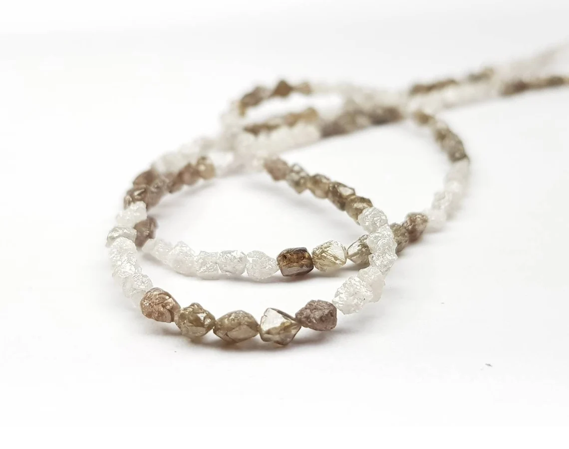 20.00 Ct Natural White Brown Color Long Drilled Rough Loose Diamonds Beads 16" Strand Necklace .Silver Clasp