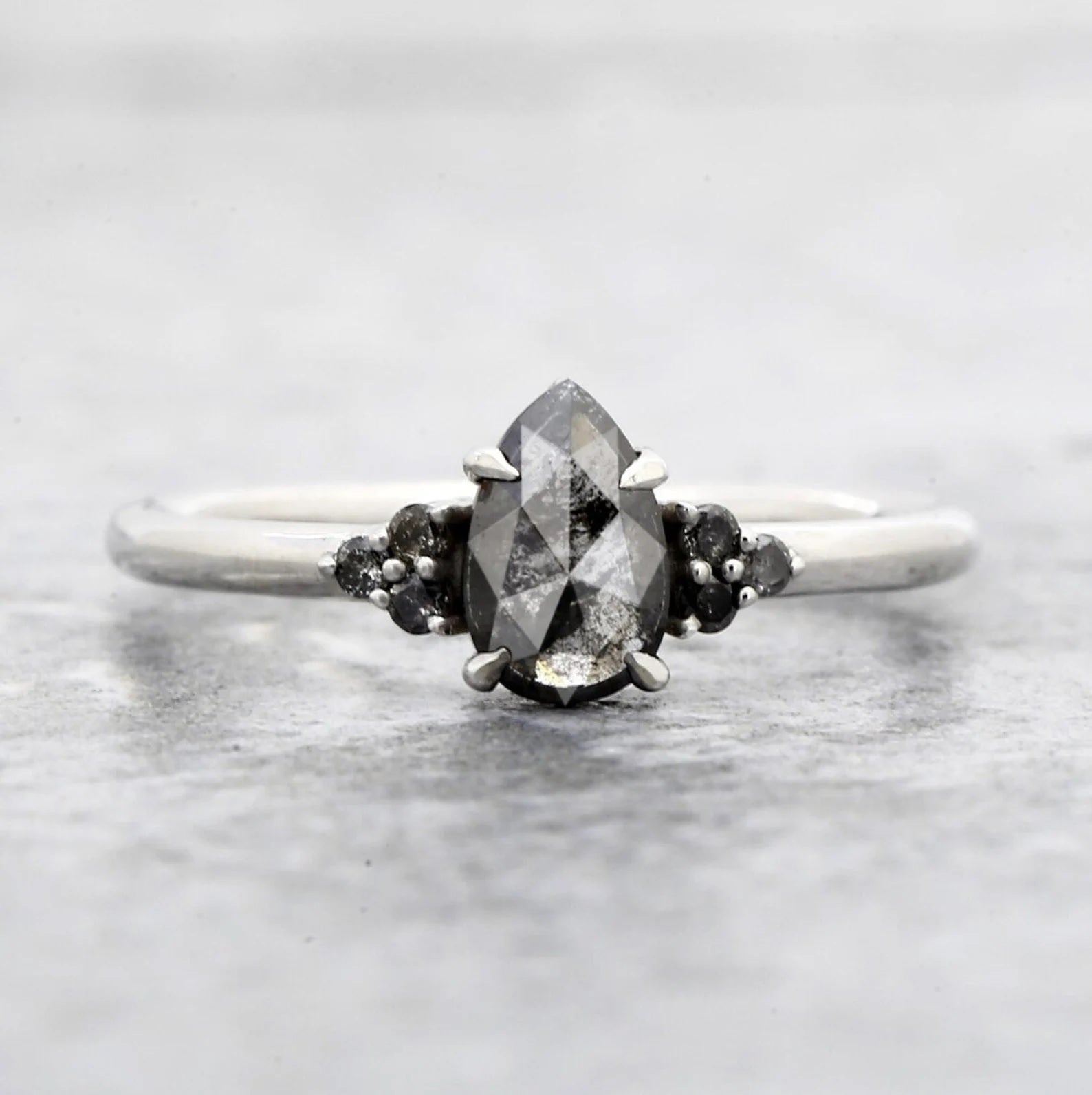 Salt and Pepper Diamond Ring, 14K Gold Engagement Ring, Natural Pear Gray Diamond Ring, Gift for Her