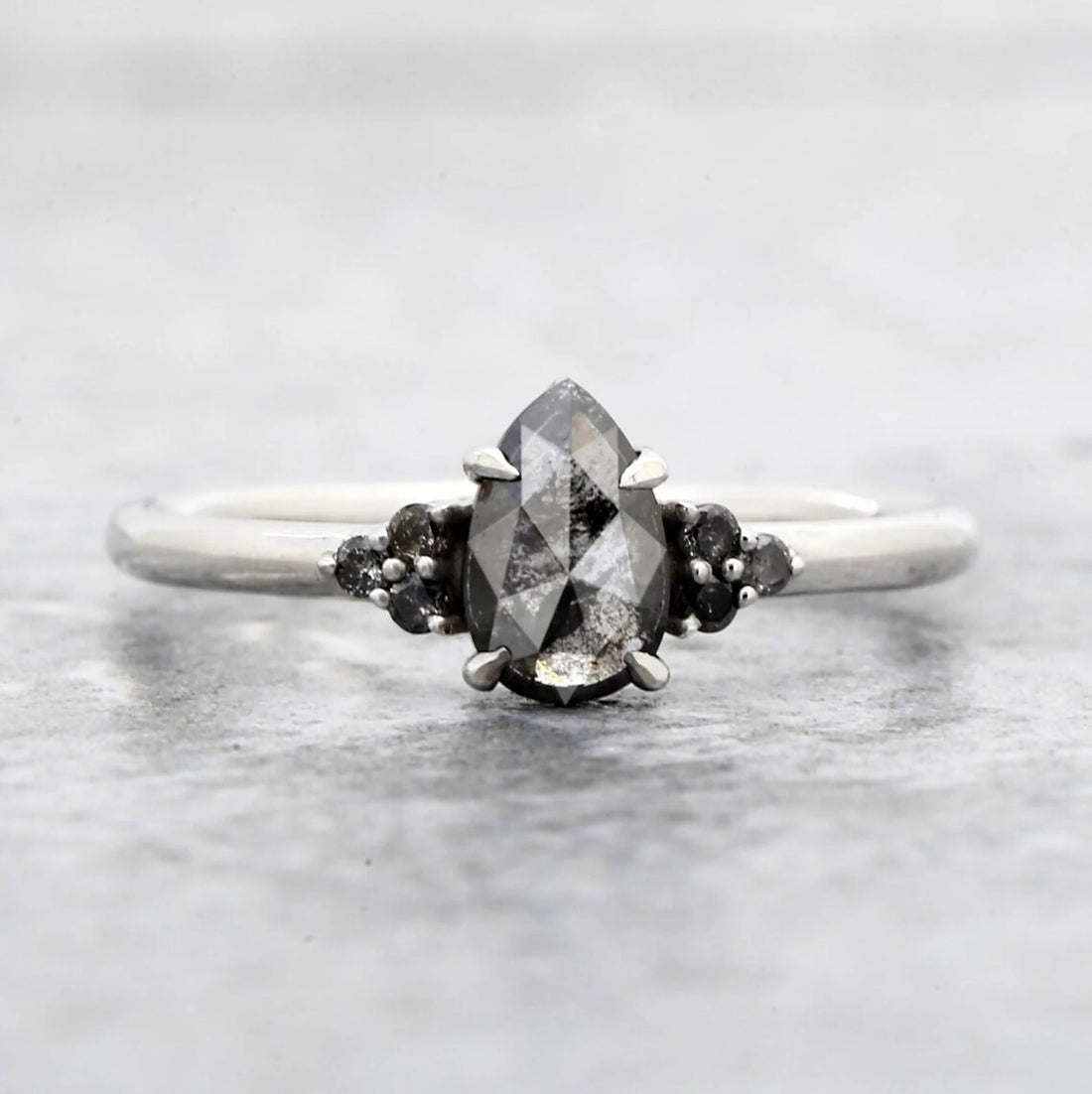 Salt and Pepper Diamond Ring, 14K Gold Engagement Ring, Natural Pear Gray Diamond Ring, Gift for Her