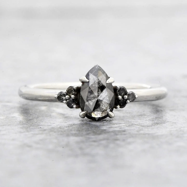 Salt and Pepper Diamond Ring, 14K Gold Engagement Ring, Natural Pear Gray Diamond Ring, Gift for Her
