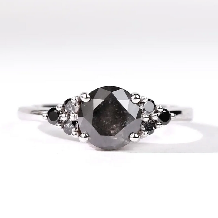 Salt and Pepper Diamond Ring, 14K Gold Engagement Ring, Round Gray Diamond Ring, Gift for Her