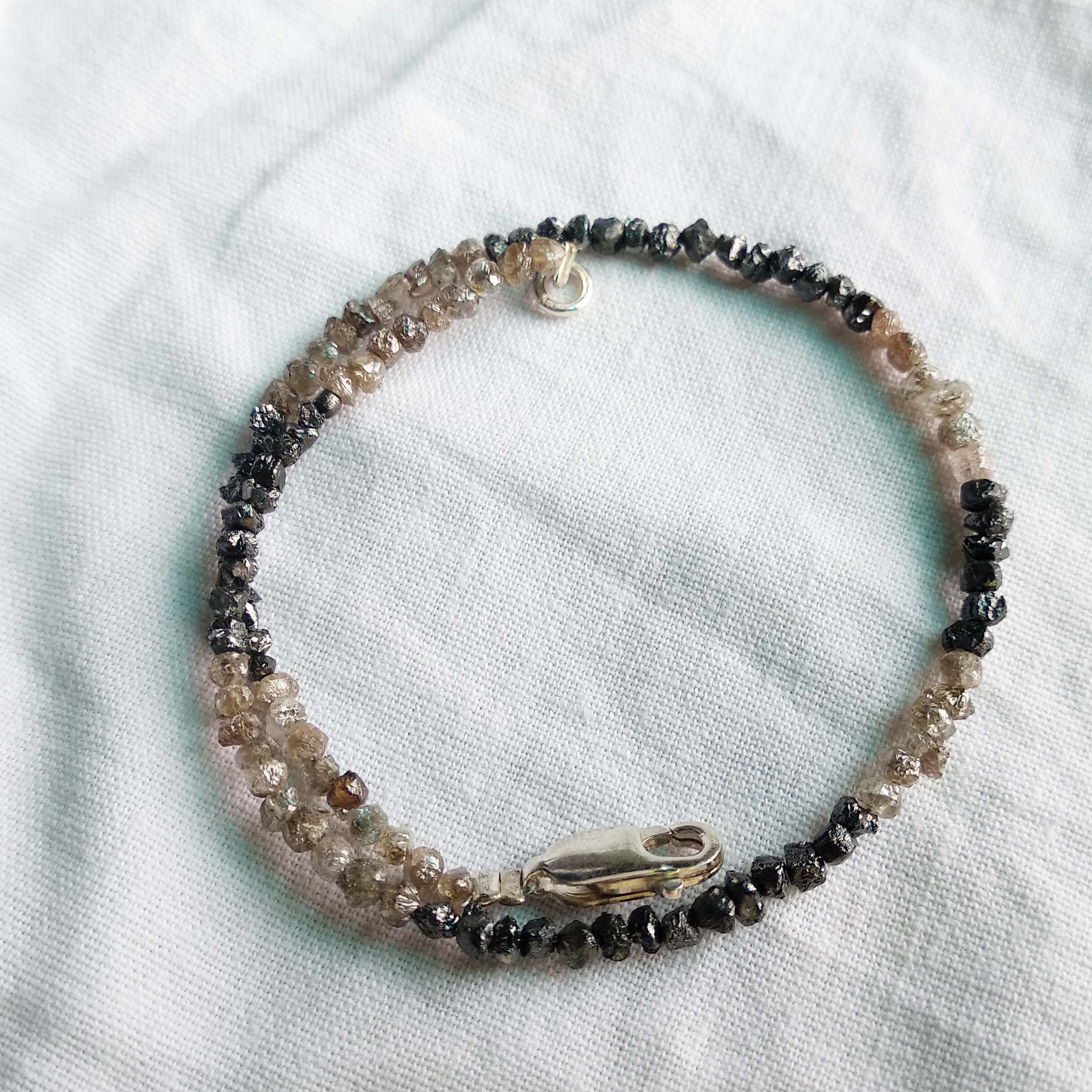 8.00 Cts 1.75 to 2.50 MM Natural Brown & Black Raw Rough Diamonds Beads 6.50" Bracelet wt Silver Clasp