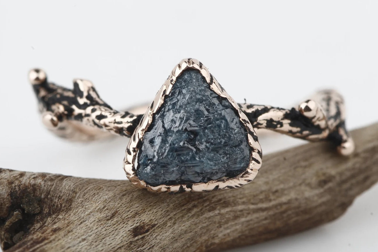 Rough Diamond Ring 14K Gold Engagement Ring, Natural Blue Trillion Diamond Ring, Gift for Her