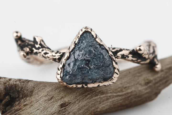 Rough Diamond Ring 14K Gold Engagement Ring, Natural Blue Trillion Diamond Ring, Gift for Her