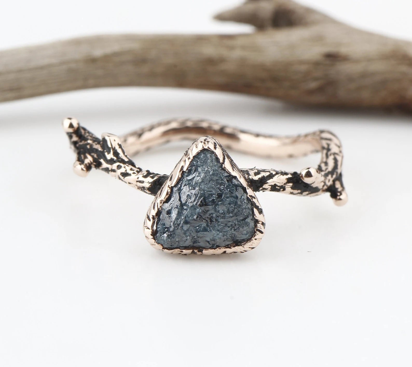 Rough Diamond Ring 14K Gold Engagement Ring, Natural Blue Trillion Diamond Ring, Gift for Her