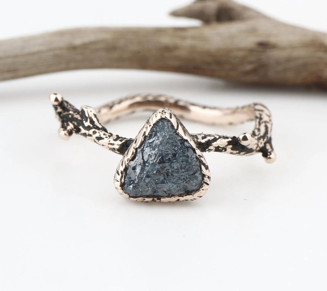 Rough Diamond Ring 14K Gold Engagement Ring, Natural Blue Trillion Diamond Ring, Gift for Her