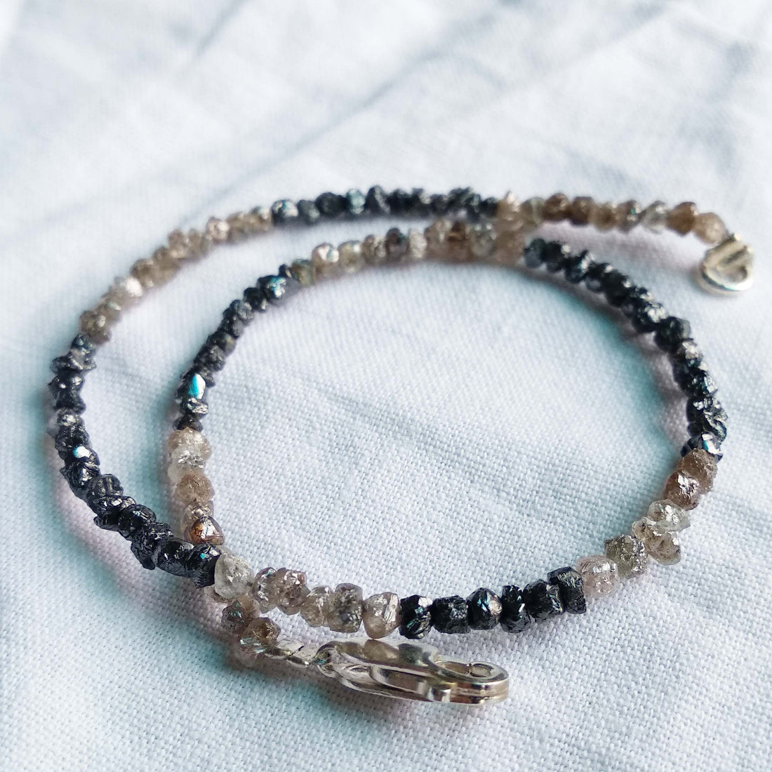 8.00 Cts 1.75 to 2.50 MM Natural Brown & Black Raw Rough Diamonds Beads 6.50" Bracelet wt Silver Clasp