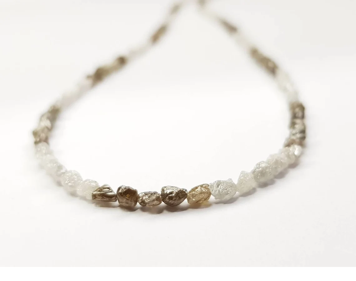 20.00 Ct Natural White Brown Color Long Drilled Rough Loose Diamonds Beads 16" Strand Necklace .Silver Clasp
