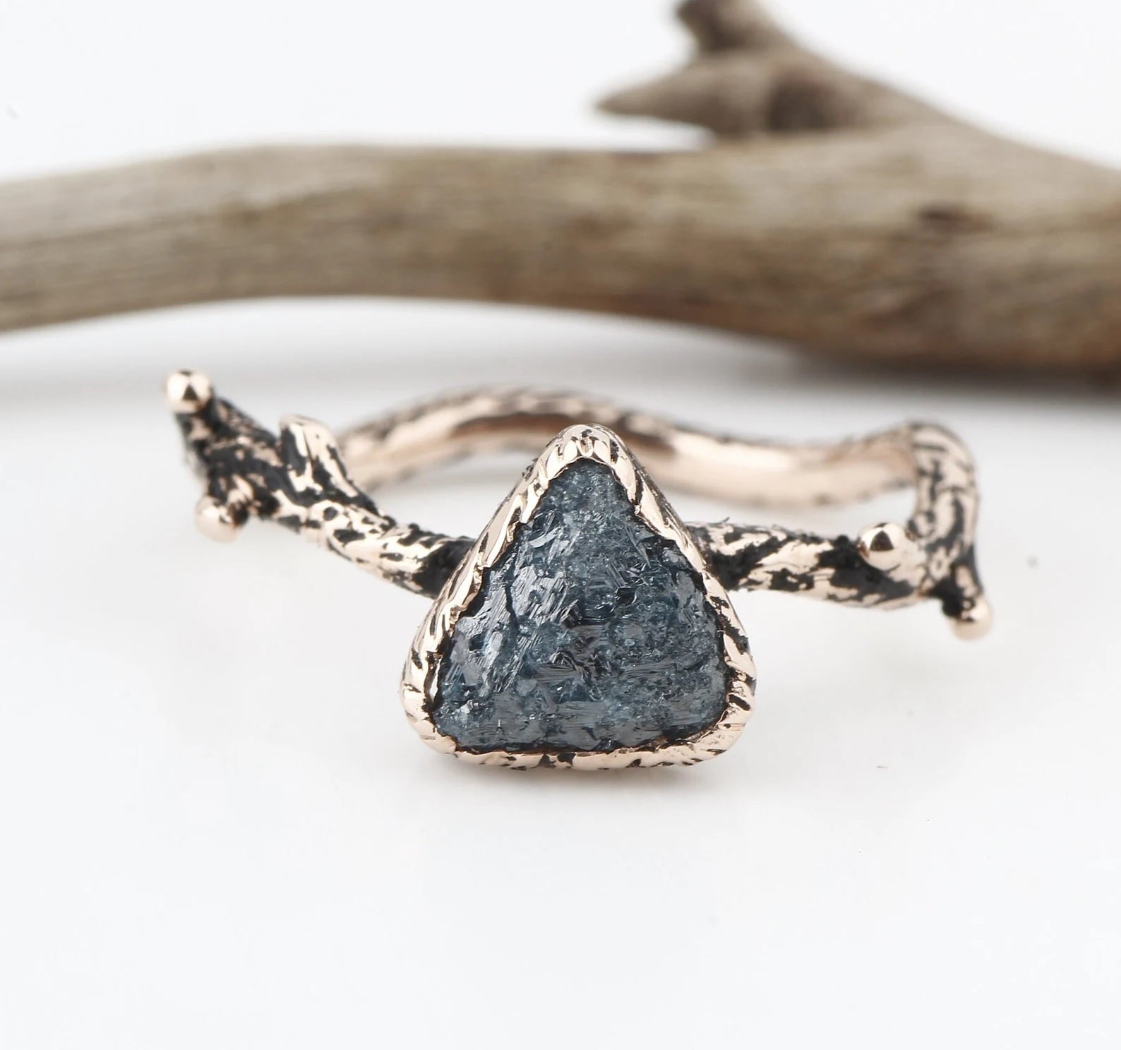Rough Diamond Ring 14K Gold Engagement Ring, Natural Blue Trillion Diamond Ring, Gift for Her