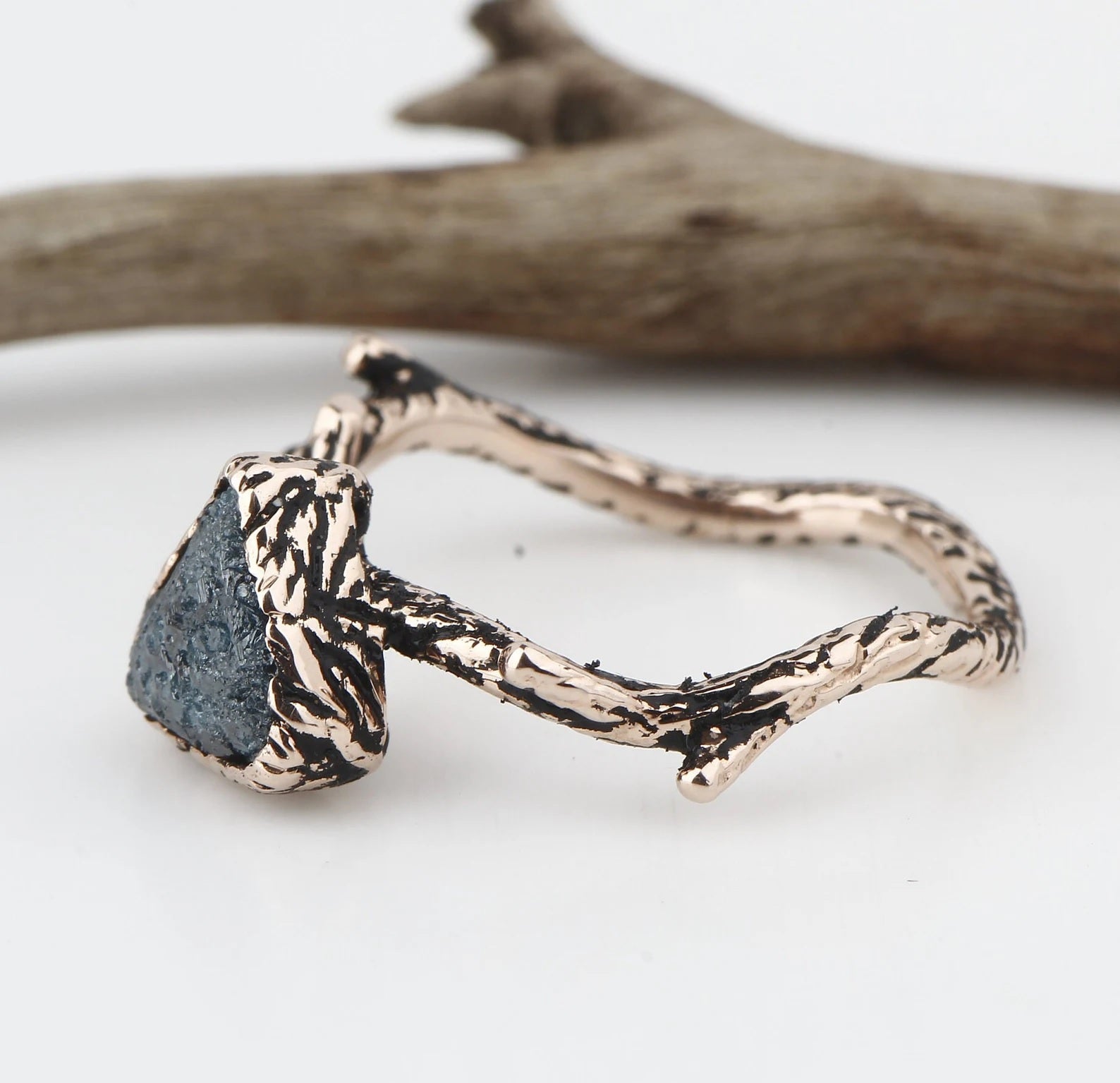 Rough Diamond Ring 14K Gold Engagement Ring, Natural Blue Trillion Diamond Ring, Gift for Her