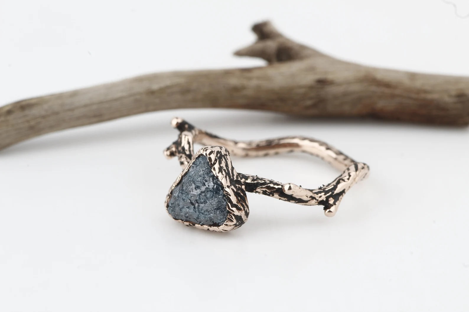 Rough Diamond Ring 14K Gold Engagement Ring, Natural Blue Trillion Diamond Ring, Gift for Her