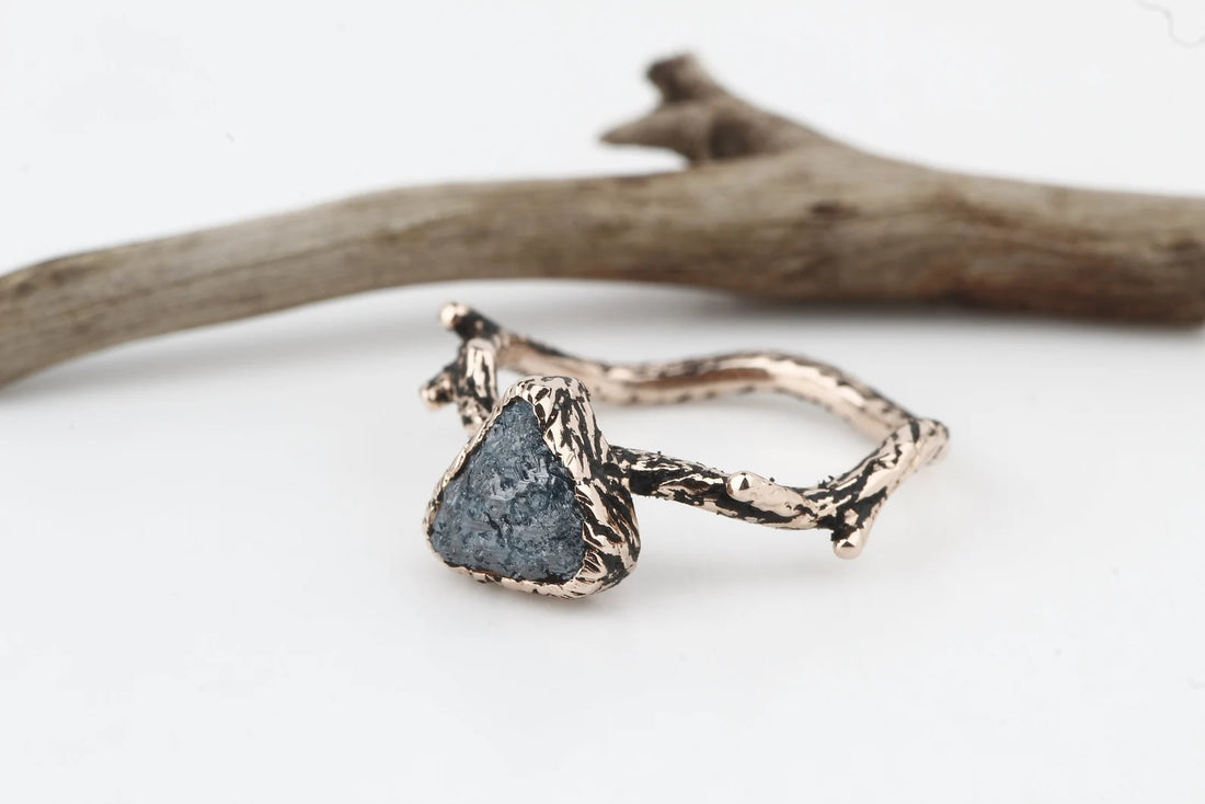 Rough Diamond Ring 14K Gold Engagement Ring, Natural Blue Trillion Diamond Ring, Gift for Her