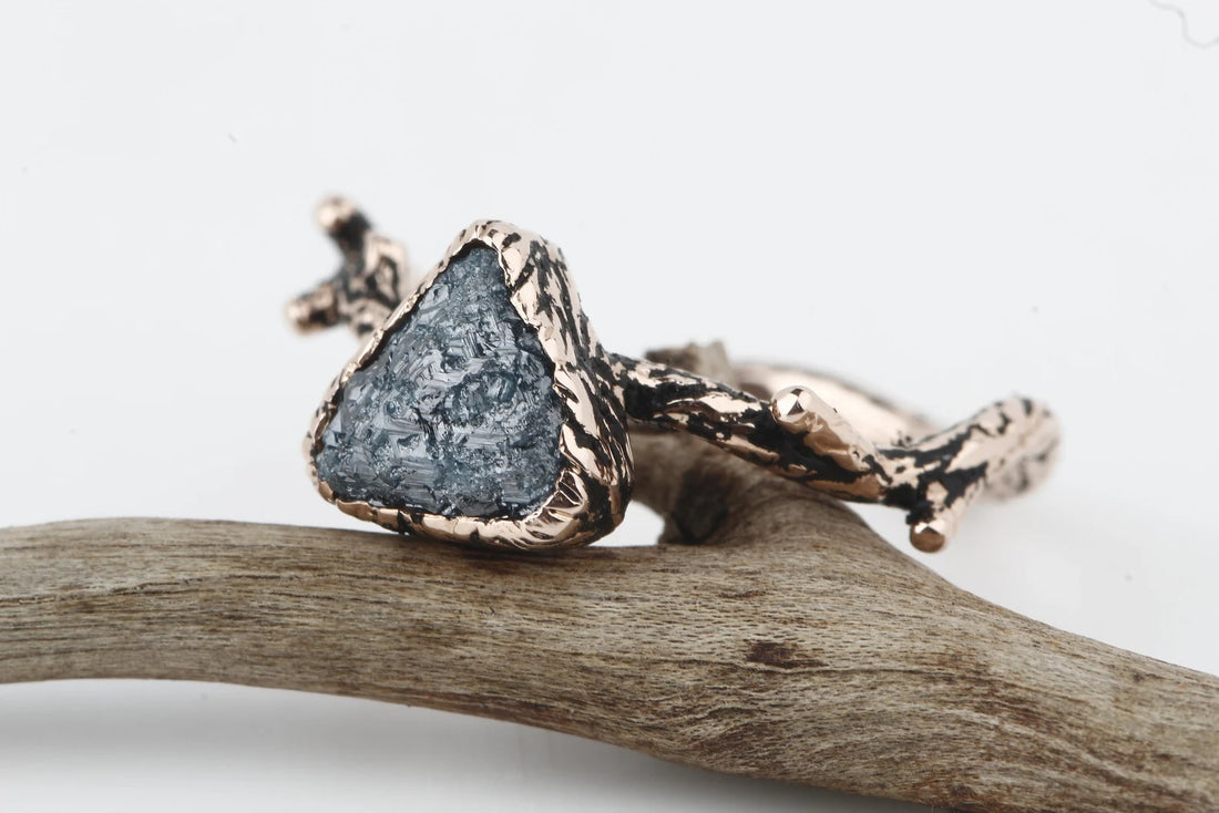 Rough Diamond Ring 14K Gold Engagement Ring, Natural Blue Trillion Diamond Ring, Gift for Her