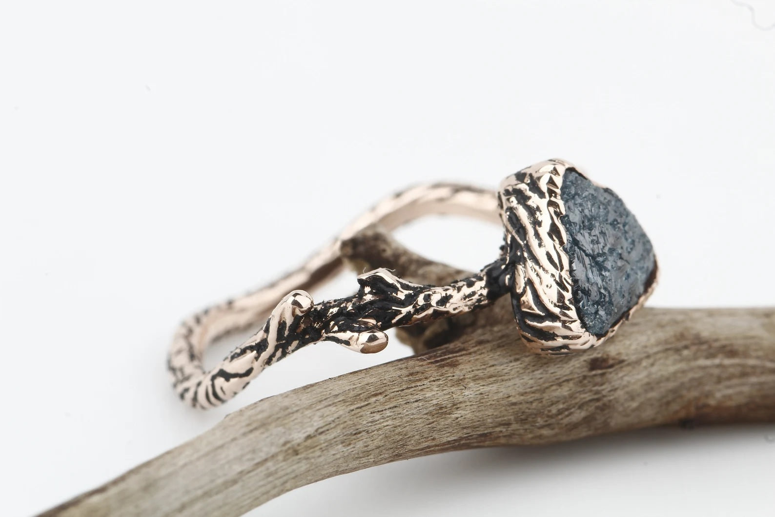 Rough Diamond Ring 14K Gold Engagement Ring, Natural Blue Trillion Diamond Ring, Gift for Her