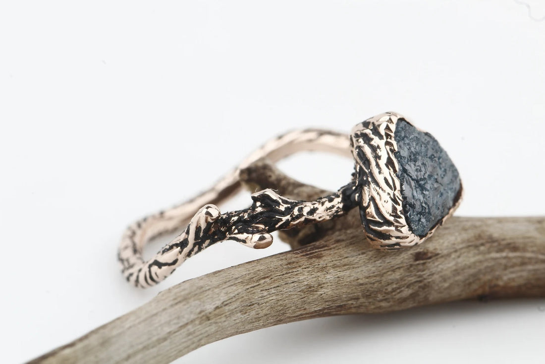 Rough Diamond Ring 14K Gold Engagement Ring, Natural Blue Trillion Diamond Ring, Gift for Her