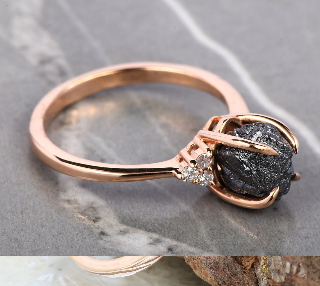 Raw Diamond Ring, 14K Gold Anniversary Ring, Natural Black Rough Diamond Engagement Ring, Christmas Gift for Her