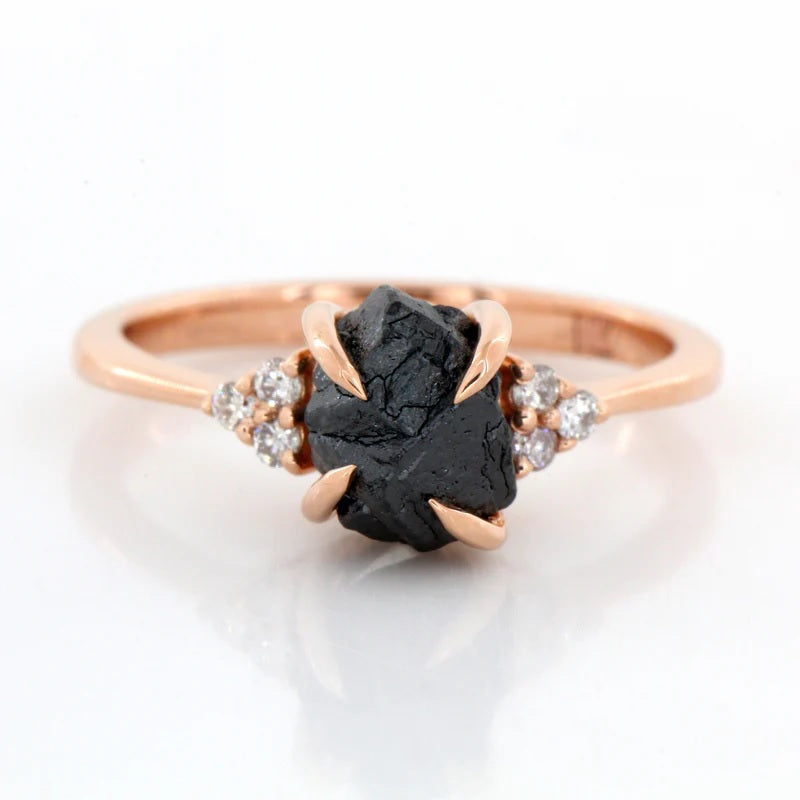 Raw Diamond Ring, 14K Gold Anniversary Ring, Natural Black Rough Diamond Engagement Ring, Christmas Gift for Her