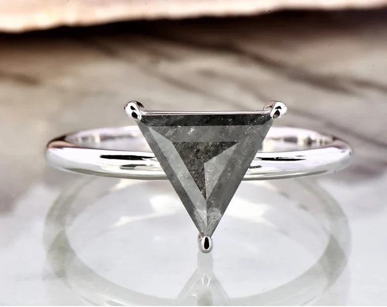 1.57 Ct Salt and Pepper Diamond Ring, 14K Gold Engagement Ring, Natural Triangle Gray Diamond Ring, Gift for Her