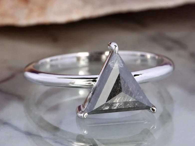 1.57 Ct Salt and Pepper Diamond Ring, 14K Gold Engagement Ring, Natural Triangle Gray Diamond Ring, Gift for Her