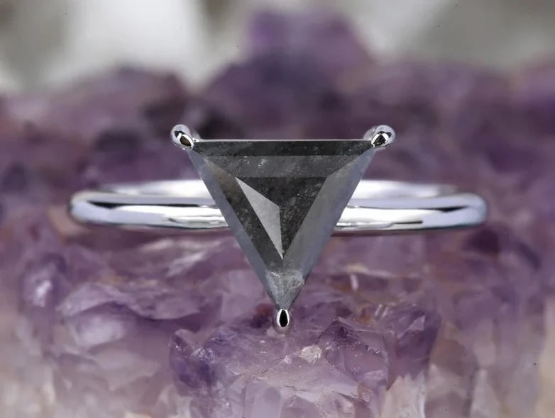 1.57 Ct Salt and Pepper Diamond Ring, 14K Gold Engagement Ring, Natural Triangle Gray Diamond Ring, Gift for Her