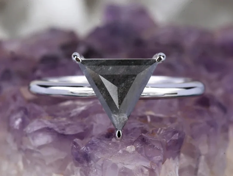 1.57 Ct Salt and Pepper Diamond Ring, 14K Gold Engagement Ring, Natural Triangle Gray Diamond Ring, Gift for Her