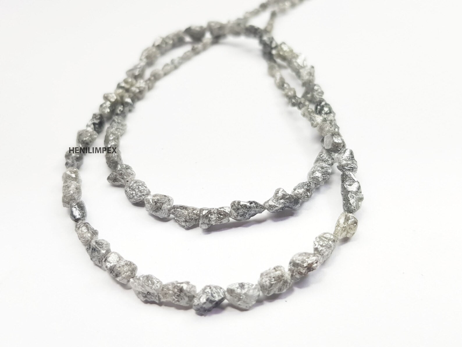 Salt and Pepper Diamond Beads, Unique 50.00 Ct Natural Gray Color Long Drilled Rough Loose Diamonds Beads 16" Strand Necklace Silver Clasp